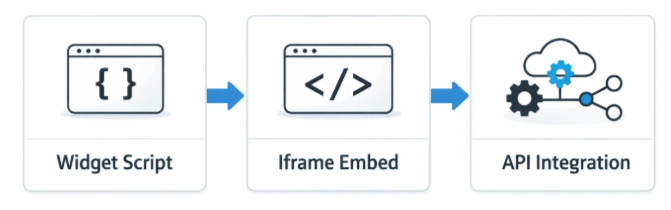 Three integration paths from one script line to full API